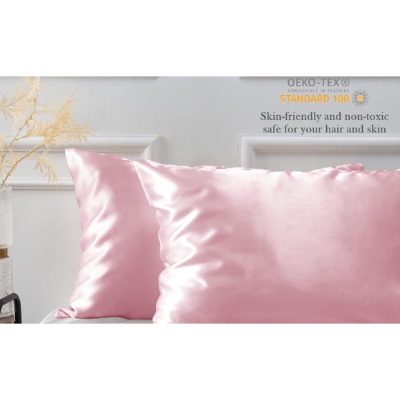 Satin Silky Cooling Pillowcase for Hair & Skin w/Scrunchie Queen Set of 2 Pink - Picture 7 of 10
